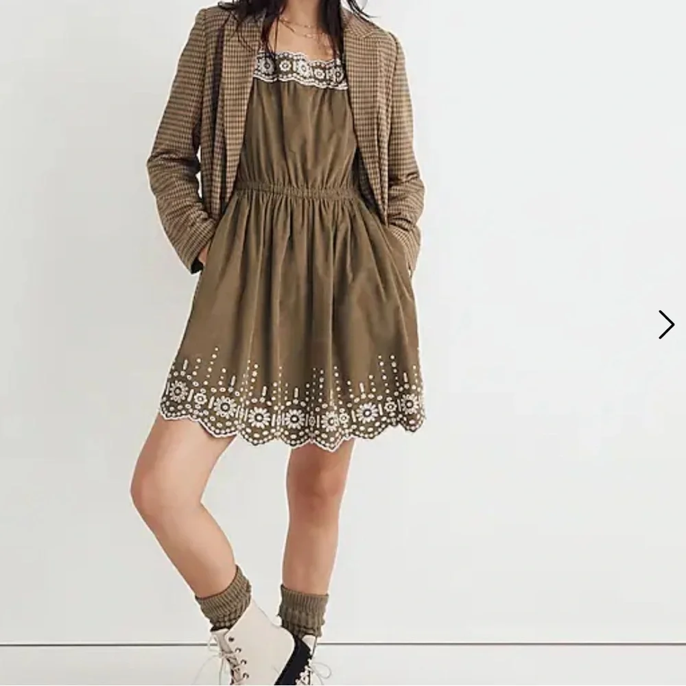 Madewell Embroidered corduroy olive green square neck mini dress‎ Sz PL new